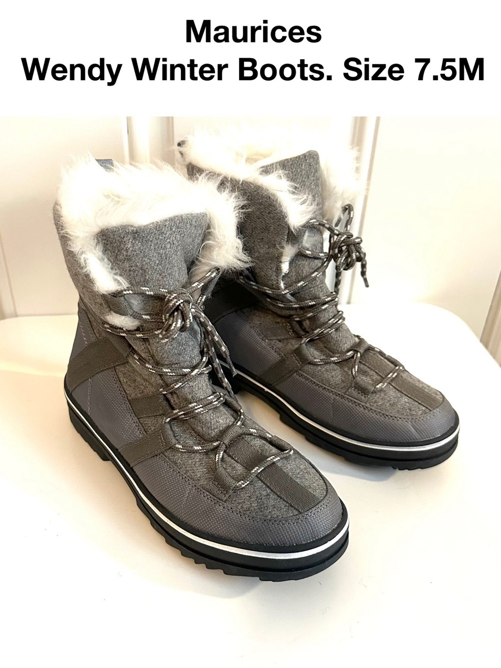 Maurices Gray Wendy Winter Boots with Faux Fur 7.5M Warn Shoes Snow